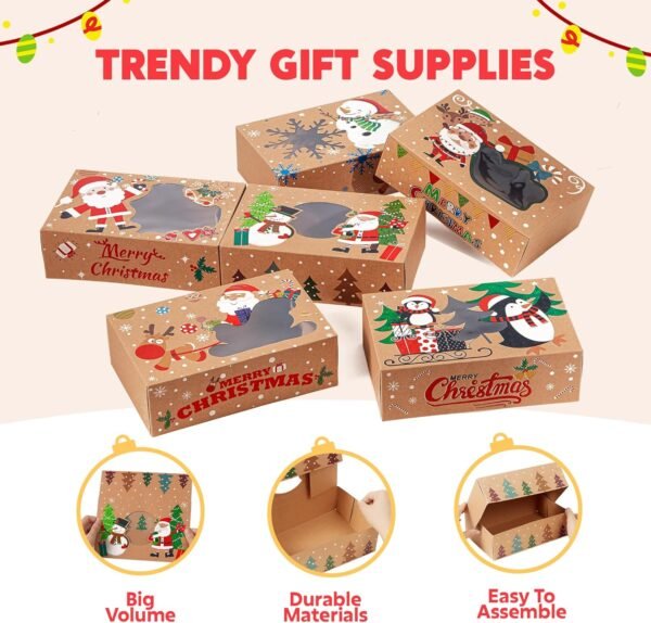 JOYIN 24PCS Christmas Cookie Boxes for Gift Giving, 8.5" x 5.75" x 2.75" Xmas Holiday Treats Cookie Tins with Window, 6 Designs Brown Kraft Bakery Boxes for Pastries, Cupcakes, Brownies, Doughnut - Image 4