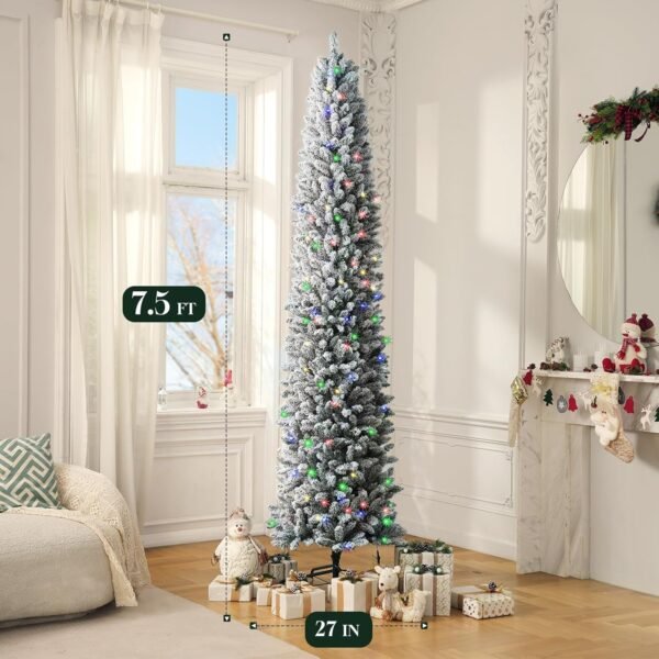 Snow Flocked Christmas Tree,Pre-lit Christmas with 8 Modes Remote,Artificial Pencil Christmas Tree for Holiday, Party Decoration (7.5ft) - Image 5