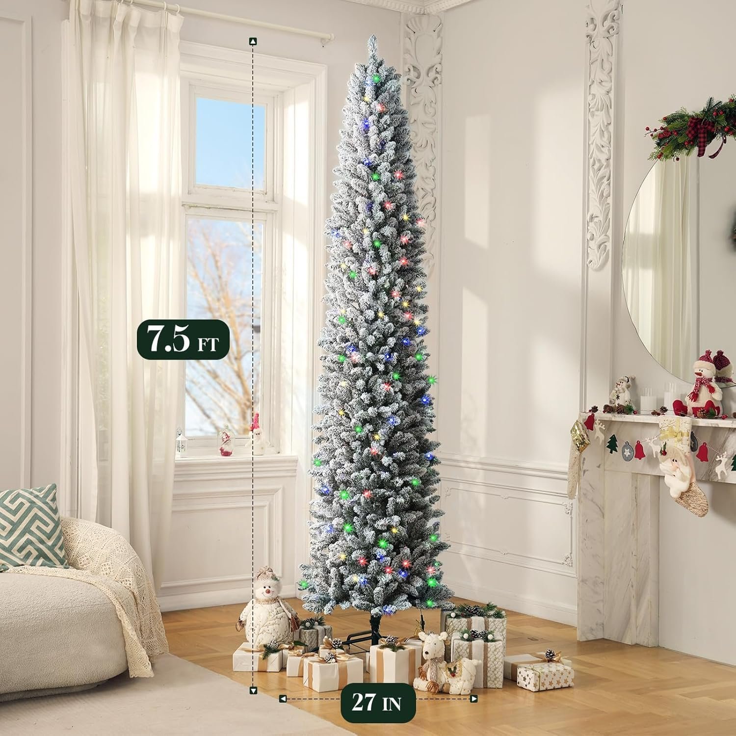 Snow Flocked Christmas Tree,Pre-lit Christmas with 8 Modes Remote,Artificial Pencil Christmas Tree for Holiday, Party Decoration (7.5ft) - Image 5