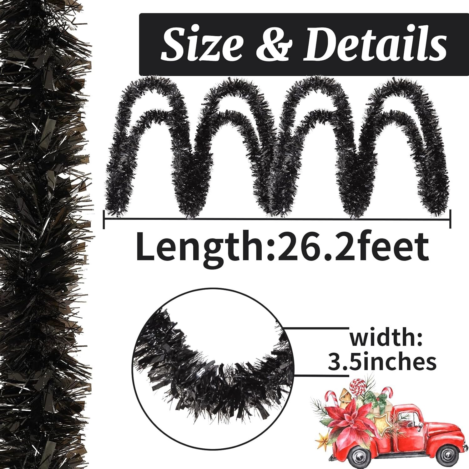 26.2 Ft Tinsel Garland Decoration for Holiday Tree Walll Home Office Event, Christmas, Birthday, Weddings, Party Decorations, Fluffy Twist for All-Season Indoor Outdoor Events - Black - Image 4