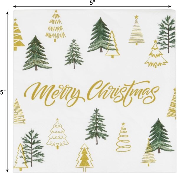 100 Merry Christmas Tree Cocktail Beverage Napkins Disposable Paper Decorative Elegant Xmas Green & Gold Trees Dessert Dinner Hand Napkin for Winter Holiday Wedding Party Supplies Tableware Decoration - Image 3