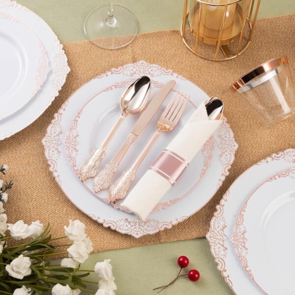 350PCS Rose Gold Plastic Plates for 50 Guests, Disposable Dinnerware Sets Include 100 Rose Gold Rim Plastic Plates, 50 Silverware, 50 Pre Rolled Napkins for Party, Wedding & Decor - Image 4
