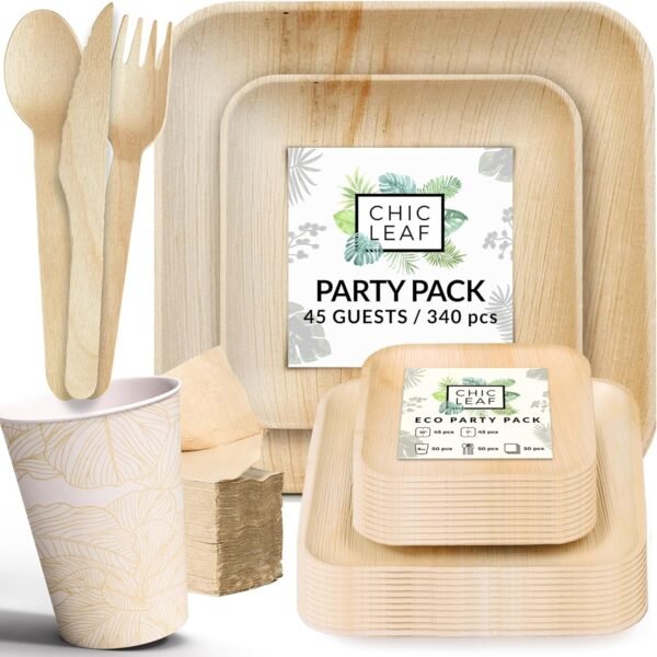 Chic Leaf Party Supplies Tableware 340 Pcs Bulk Pack for 45 Guests - 100% Biodegradable Palm Leaf Disposable Dinnerware Set, Sturdy 10'' & 7'' Plates w/ 10 Oz Cups, Napkins, Forks, Knifes & Spoons - Image 2