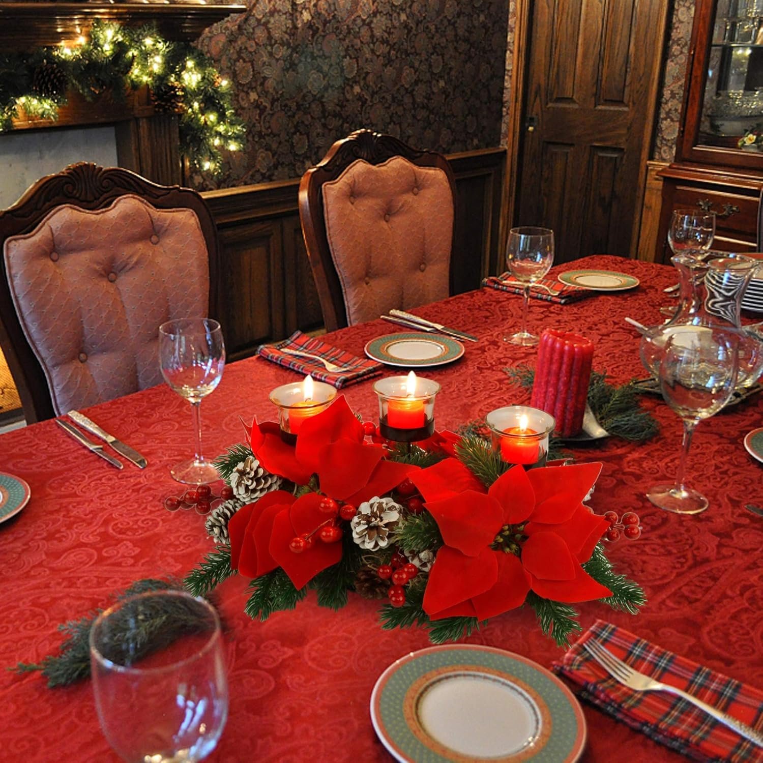 Juegoal Christmas Poinsettia Centerpiece with 3 Candle Holders, Pinecones and Red Berries, Christmas Decorations Holiday Candleabrum, Tabletop Centerpiece and Display - Image 6