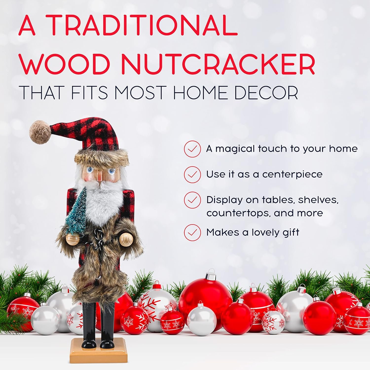 Ornativity Christmas Nostalgic Santa Nutcracker – Red and Black Wooden Nut Cracker Santa Clause Man with Buffalo Brown Fur Plaid Coat Holding a Xmas Tree Themed Holiday Doll Figure Decorations 15" - Image 7