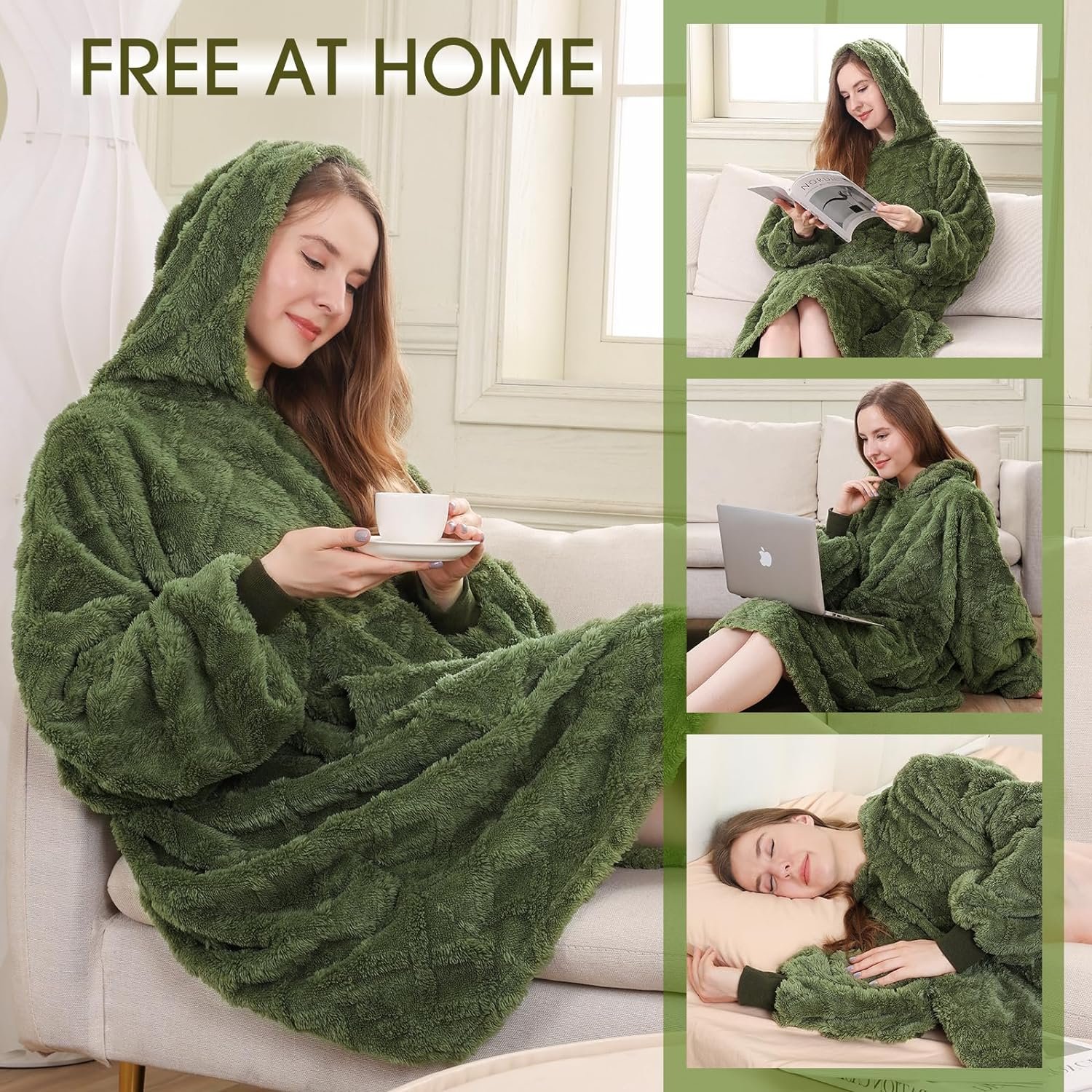 MIZZEO Microfiber Wearable Blanket, Oversized Light Wearable Blanket Hoodie for Adults, Cozy Soft Warm Plush Hooded Blanket Gifts for Women, One Size Fits All (Green) - Image 5