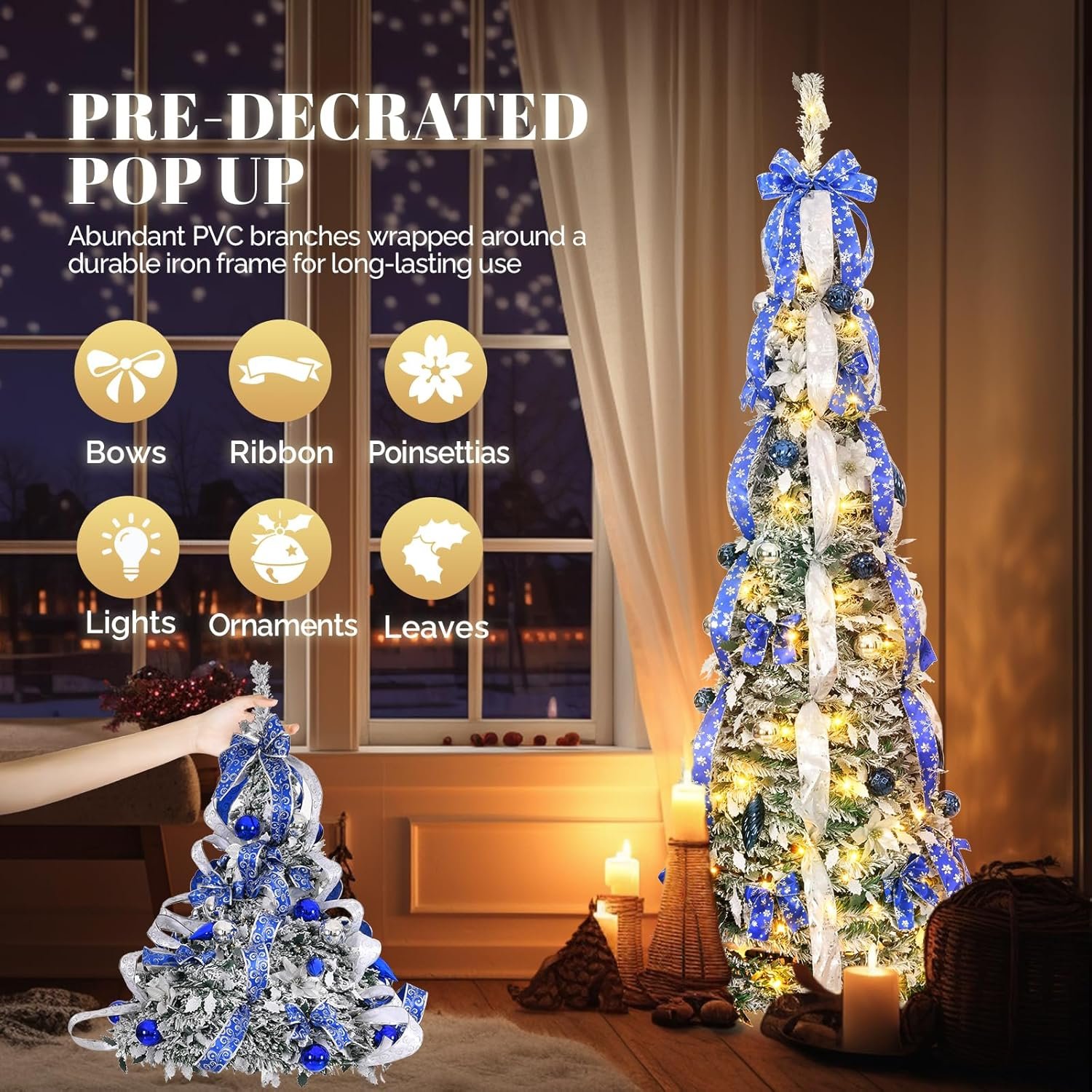 VINGLI 6ft Pre Lit Pop Up Christmas Tree with 150 Lights, Fully Decorated Flocked Pencil Christmas Tree Pre Lit Collapsible Christmas Tree Holiday Party Decorations (Blue&Silver) - Image 4