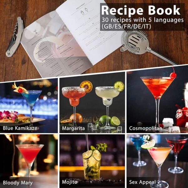 Cocktail Shaker Set Bartender Kit, Godmorn 15Pcs Bartender Shaker Set, 304 Stainless Steel Martini Shaker and Strainer, 550ml /19OZ Bar Tool Set with Bamboo Stand, Recipe Book, for Home and Bar - Image 5