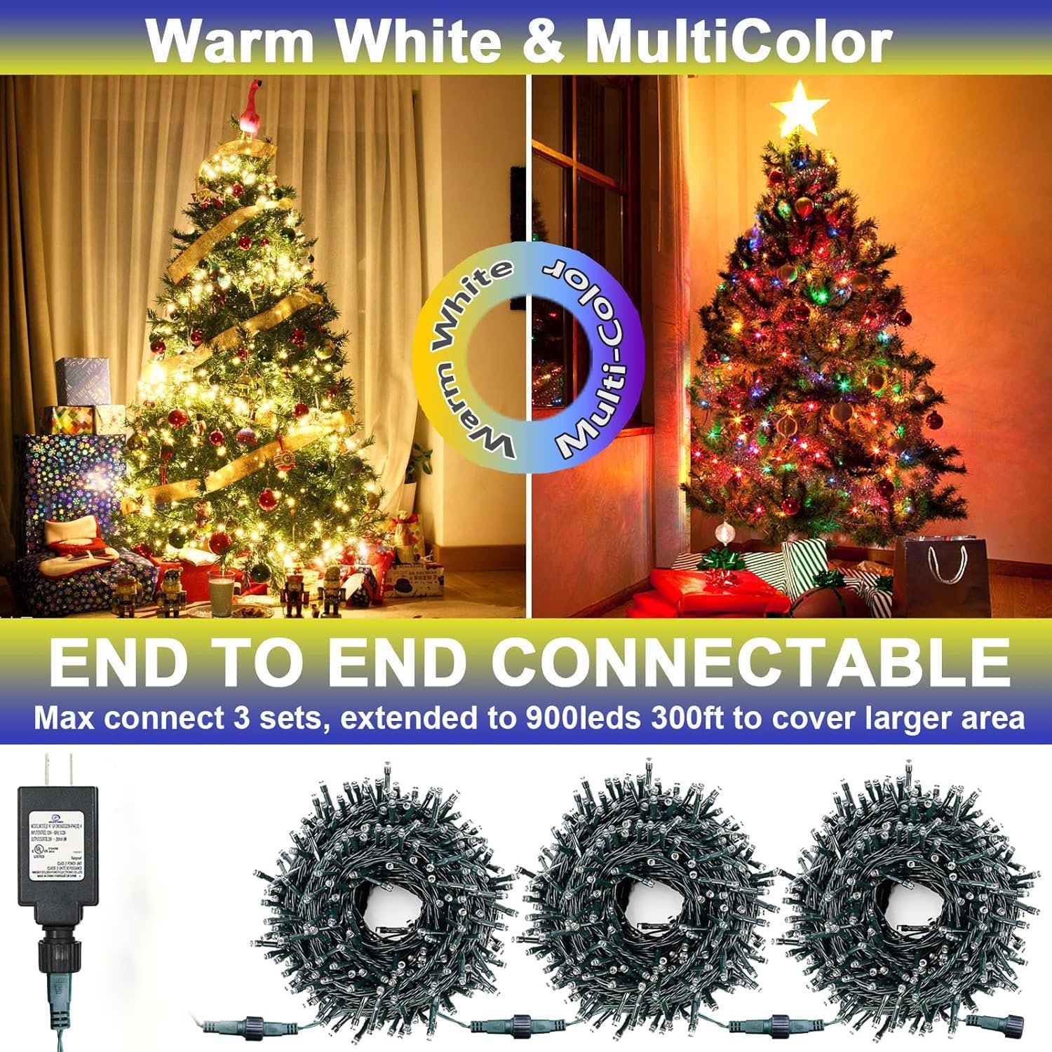 Christmas Lights 300 LED 108FT Color Changing Christmas Tree Lights with Warm White & Multicolor, 11 Modes Waterproof and Connectable Christmas String Lights with Remote for Xmas Decorations - Image 5