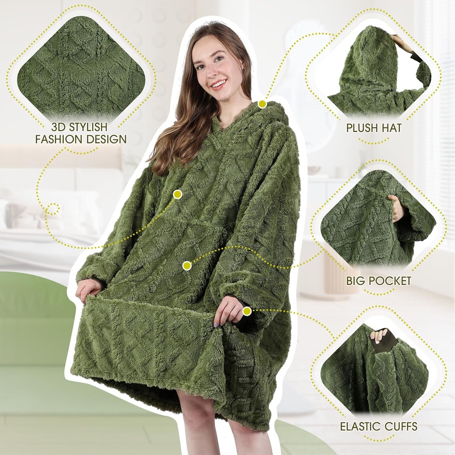 MIZZEO Microfiber Wearable Blanket, Oversized Light Wearable Blanket Hoodie for Adults, Cozy Soft Warm Plush Hooded Blanket Gifts for Women, One Size Fits All (Green) - Image 6