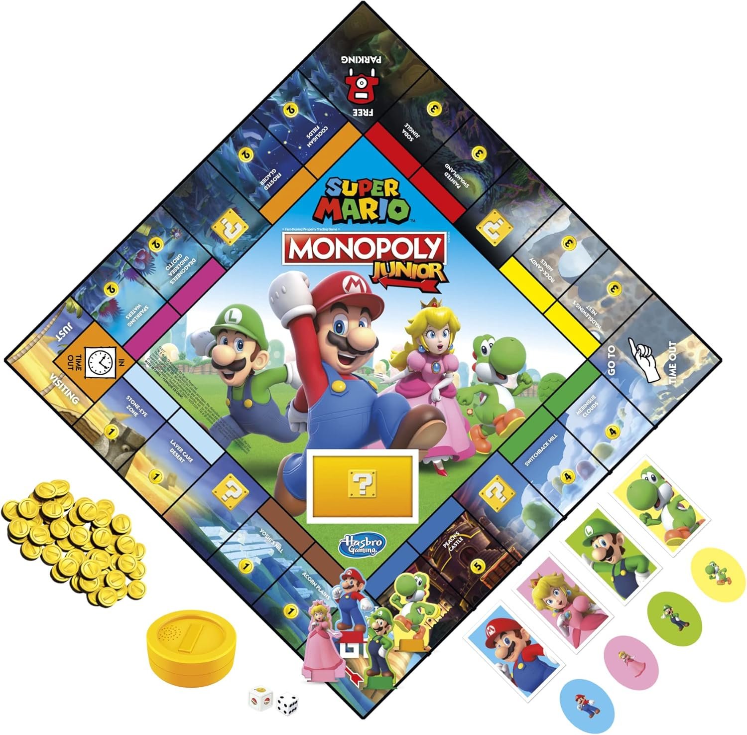 Monopoly Junior Super Mario Edition Board Game, Fun Kids' Ages 5 and Up, Explore The Mushroom Kingdom as Mario, Peach, Yoshi, or Luigi (Amazon Exclusive) - Image 3