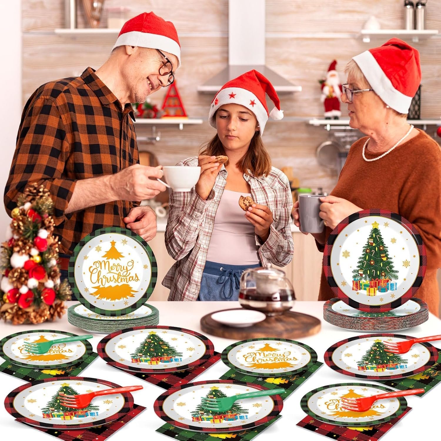 96 Pcs Christmas Paper Plates and Napkins Christmas Xmas Party Supplies Green Red Black Buffalo Plaid Christmas Tree Disposable Tableware Set Merry Christmas Themed Party Favors Holiday Winter Decor - Image 7