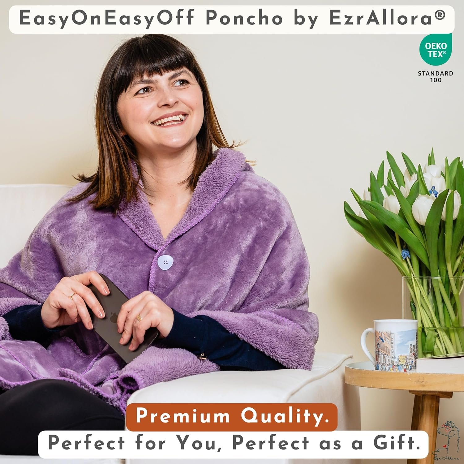 Premium Double Layer Wearable Blanket for Women -No Sleeves- Shawl Wrap with Pockets- Mothers Day Gifts - Grandma Gifts (Velvet Lavender) - Image 6