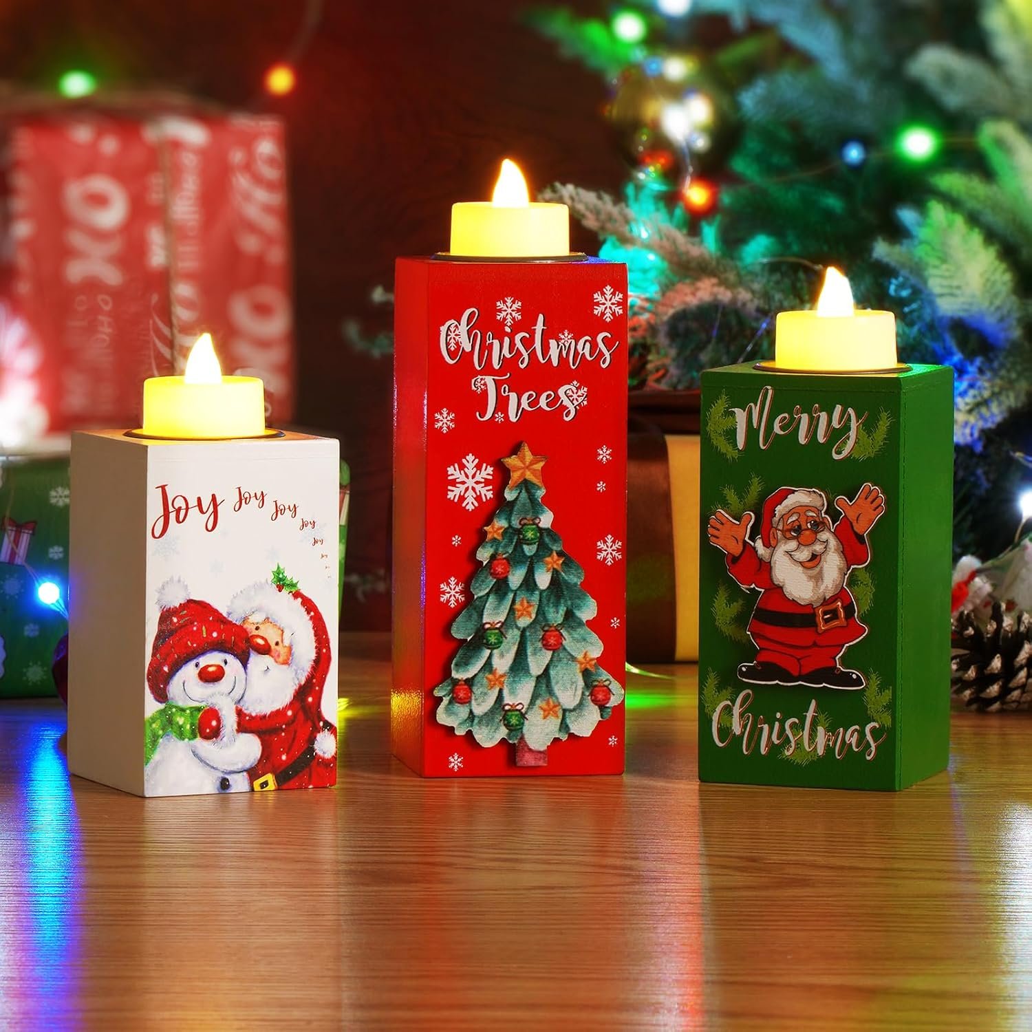3Pcs Christmas Candle Holders with Battery Operated Tea Lights Candles, Flameless Candles with Wooden Candles Holder, Tealight Candle Holder for Christmas Tabletop Decorations/Gifts - Image 2