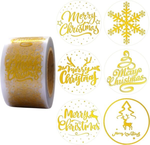 1.5 Inches/600 Christmas Stickers, 6 Clear Gold Foil Designs Merry Christmas Stickers Snowflake Stickers for Christmas Decorations Envelopes Cards Sealing Craft Decor - Image 2