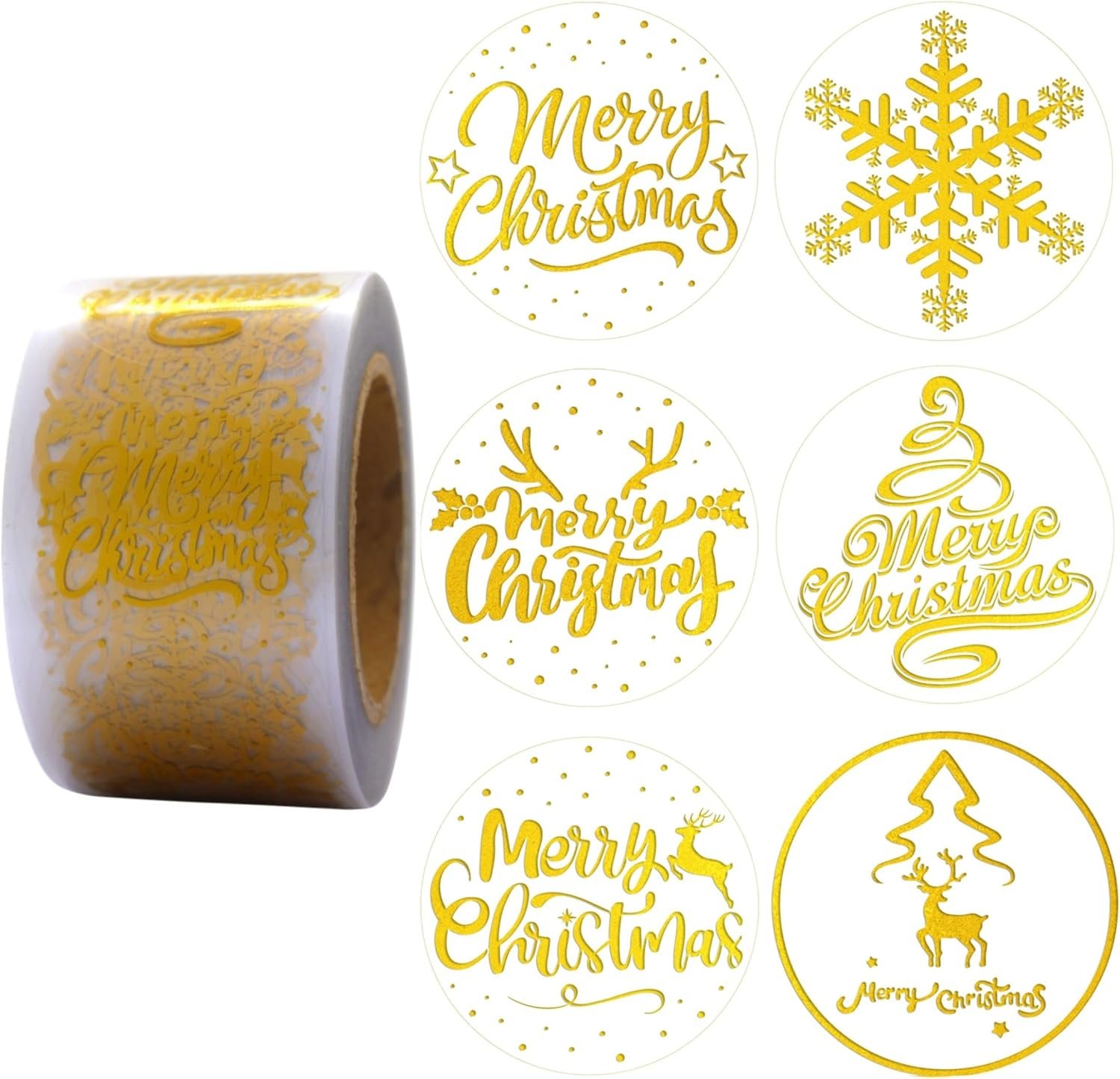 1.5 Inches/600 Christmas Stickers, 6 Clear Gold Foil Designs Merry Christmas Stickers Snowflake Stickers for Christmas Decorations Envelopes Cards Sealing Craft Decor - Image 2