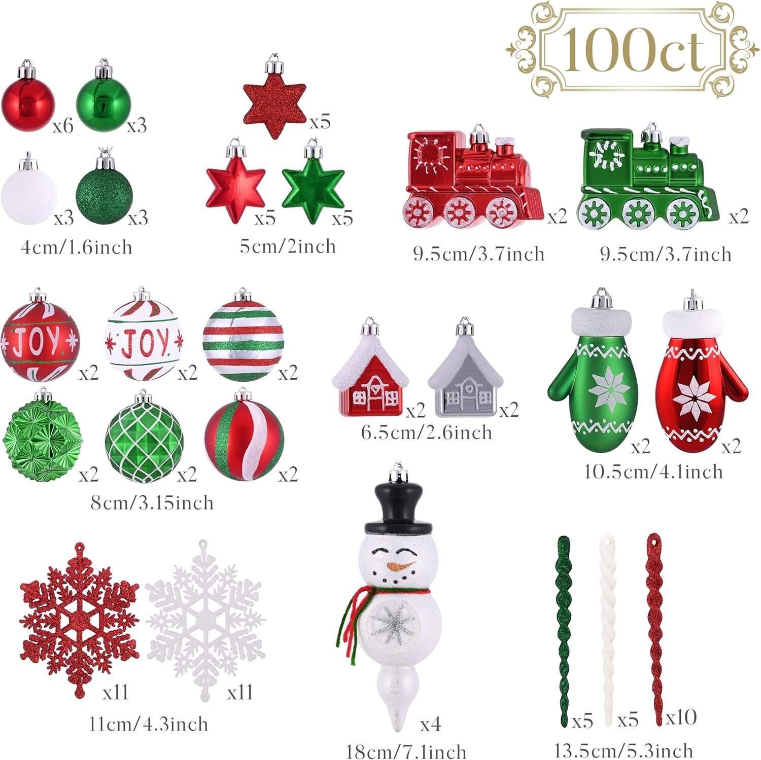 Valery Madelyn 100ct Christmas Ornaments Set, Red Green White Shatterproof Christmas Tree Decorations Variety Ball Ornaments Bulk, Whimsical Hanging Ornaments for Xmas Trees Holiday Party Decor - Image 4