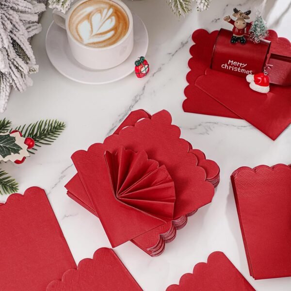 120 Pcs Red Napkins,Scalloped Red Cocktail Napkins Disposable Beverage Napkins Red Paper Napkins for Christmas Birthday Wedding Baby Shower, 5 x 5 Inch - Image 5