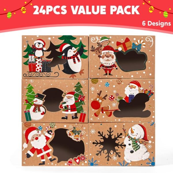 JOYIN 24PCS Christmas Cookie Boxes for Gift Giving, 8.5" x 5.75" x 2.75" Xmas Holiday Treats Cookie Tins with Window, 6 Designs Brown Kraft Bakery Boxes for Pastries, Cupcakes, Brownies, Doughnut - Image 3