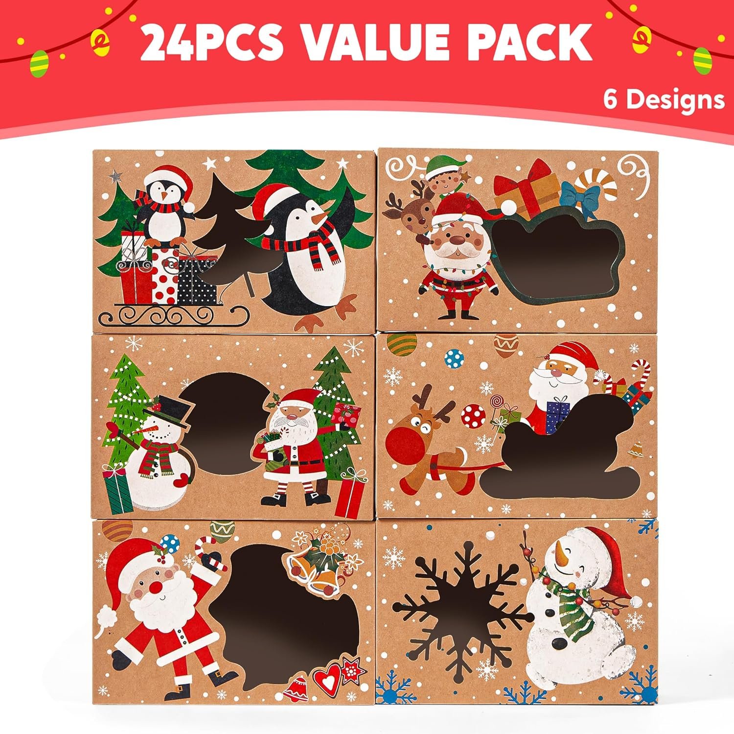JOYIN 24PCS Christmas Cookie Boxes for Gift Giving, 8.5" x 5.75" x 2.75" Xmas Holiday Treats Cookie Tins with Window, 6 Designs Brown Kraft Bakery Boxes for Pastries, Cupcakes, Brownies, Doughnut - Image 3