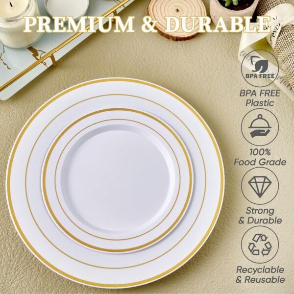 FOCUSLINE Gold Plastic Plates Set of 60, Disposable Plates with Gold Rim 30 Dinner Plates 10" and 30 Salad Dessert Appetizer Plates 7", Elegant Fancy Heavy Duty Wedding Party Plates - Image 5