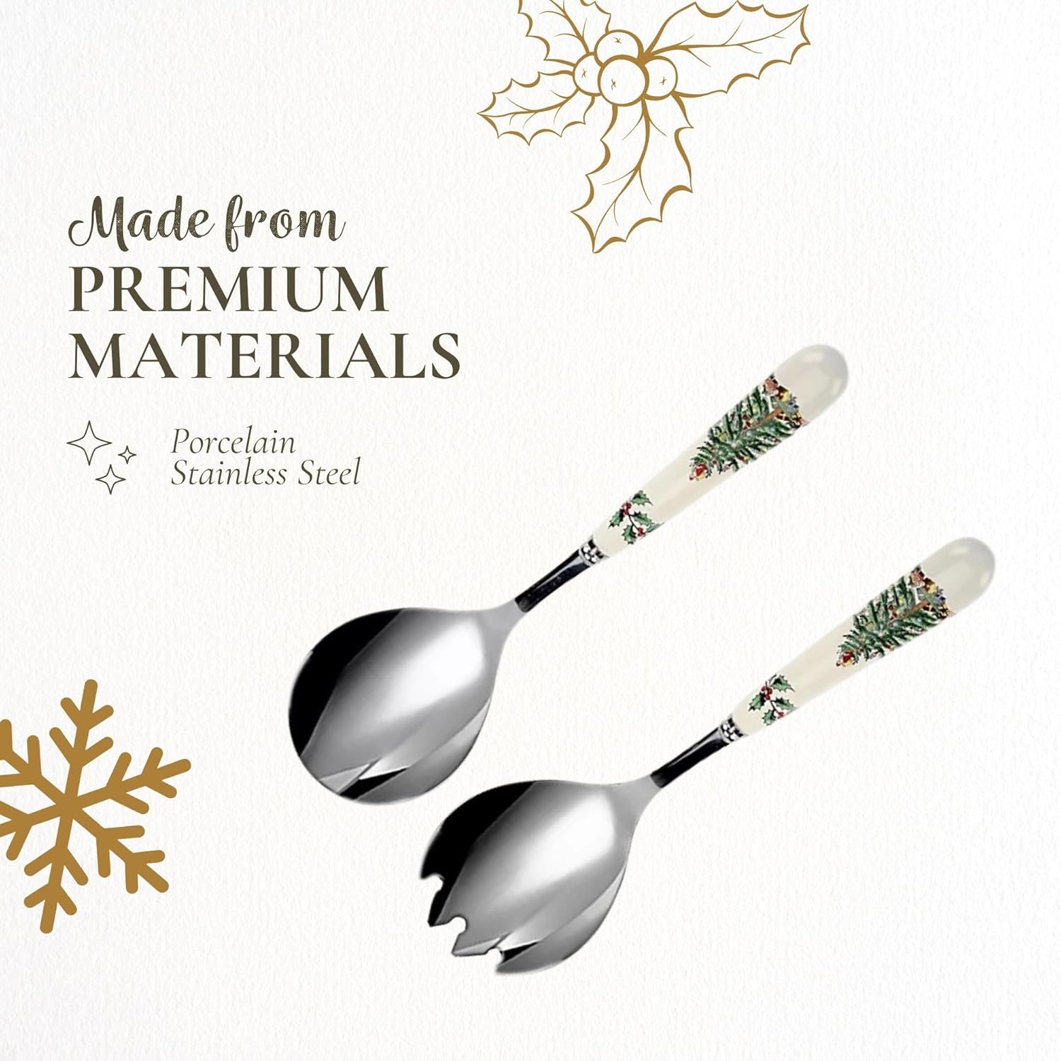 Portmeirion Christmas Tree Salad Server Set (2-Piece) - 10 Inch Stainless Steel with Porcelain Handles, Festive Flatware for Holiday Dining - Dishwasher Safe, Seasonal Entertaining & Gift-Giving - Image 5