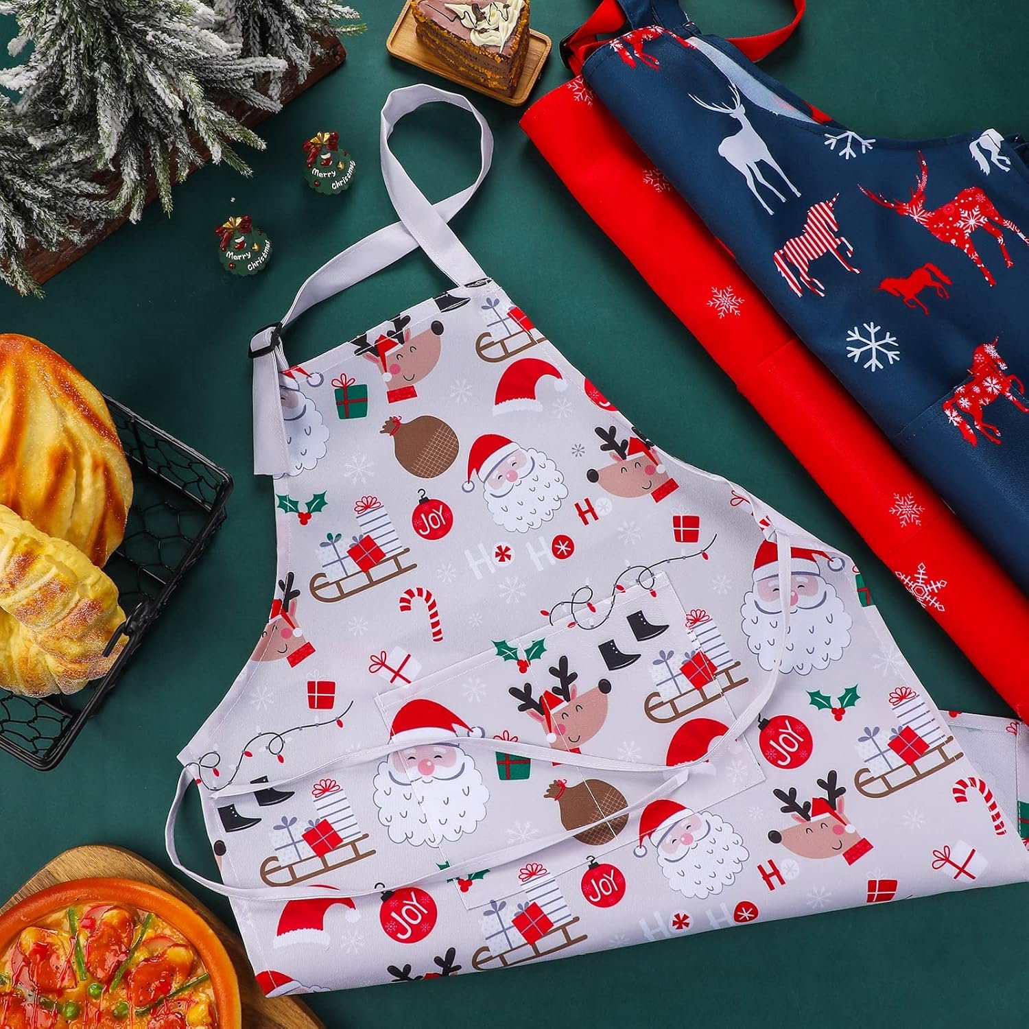 3 Pieces Kids Christmas Apron Adjustable Aprons with Pocket for Girls Boys Snow Elk Santa Apron for Cooking Baking Painting Christmas Party - Image 7
