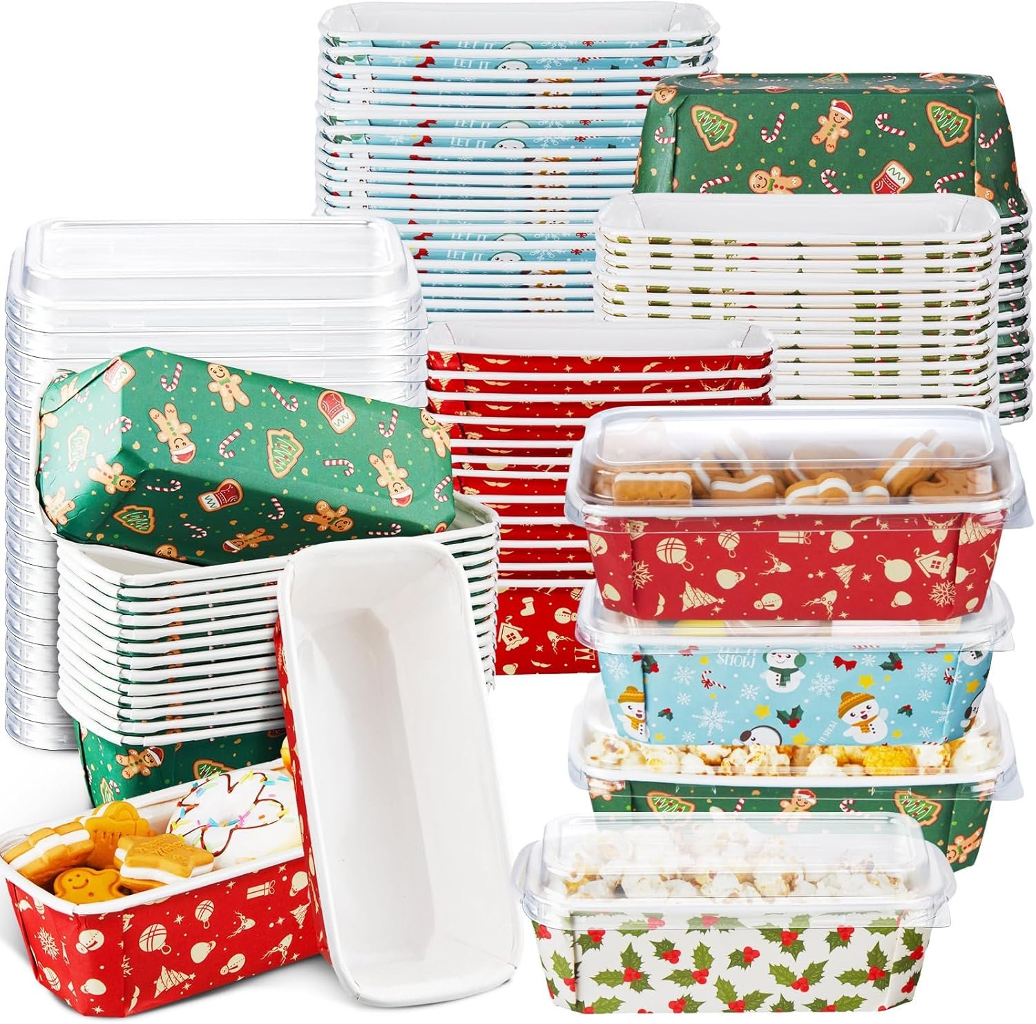 Maxcheck 80 Sets Christmas Loaf Pan with Lid Xmas Tree Snowman Disposable Baking Pans 6.3 x 2.17 x 2.17 Paper Loaf Molds with Stickers for Bread Cake Meatloaf Baked Goods Microwave Oven Freezer Safe - Image 2