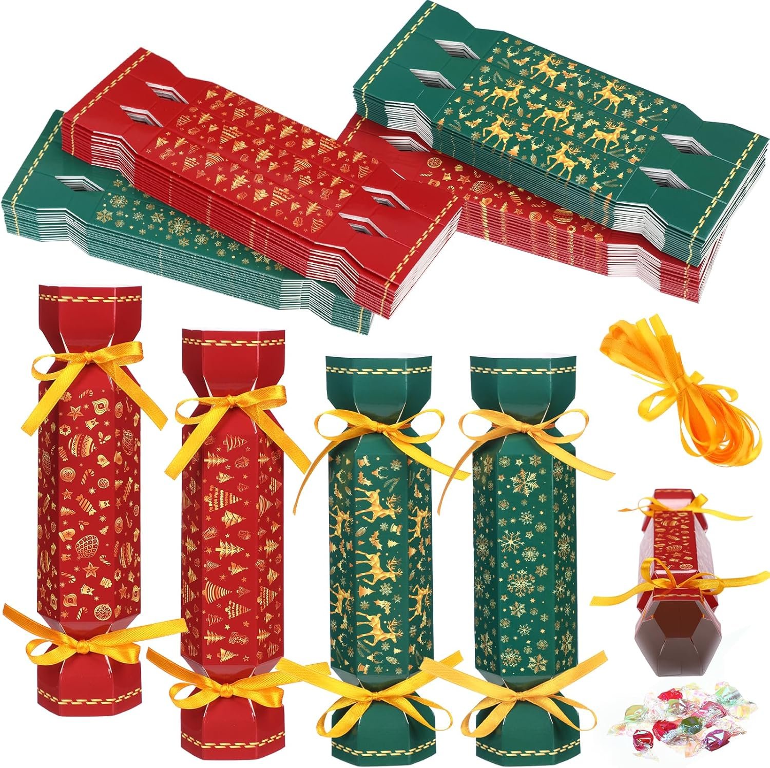 Moinchore 60 Pcs Christmas Crackers Kit DIY Xmas Party Cracker Empty Bulk for Candy Treat Gift Boxes Snowflake Tree Reindeer Candy Christmas No Snap Table Favors Holiday Dinner Decor(Red and Green) - Image 2