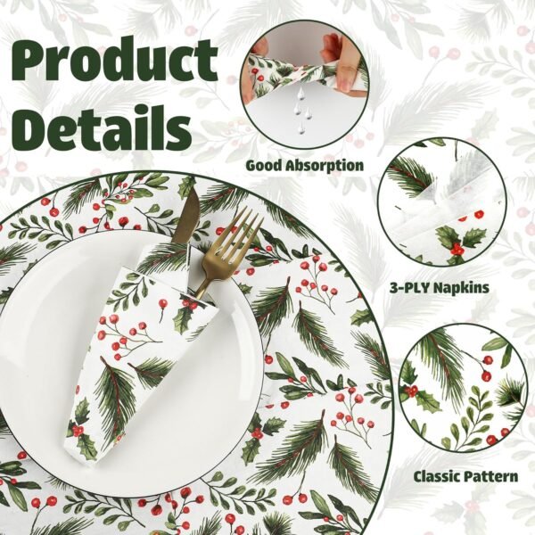 100 PCS Christmas Guest Napkins Berries Pine Paper Napkins 3-Ply Disposable Holly Berries Napkins Xmas Party Greenery Dinner Hand Towels for Winter Holiday Home Kitchen Bathroom Wedding Party Supplies - Image 4