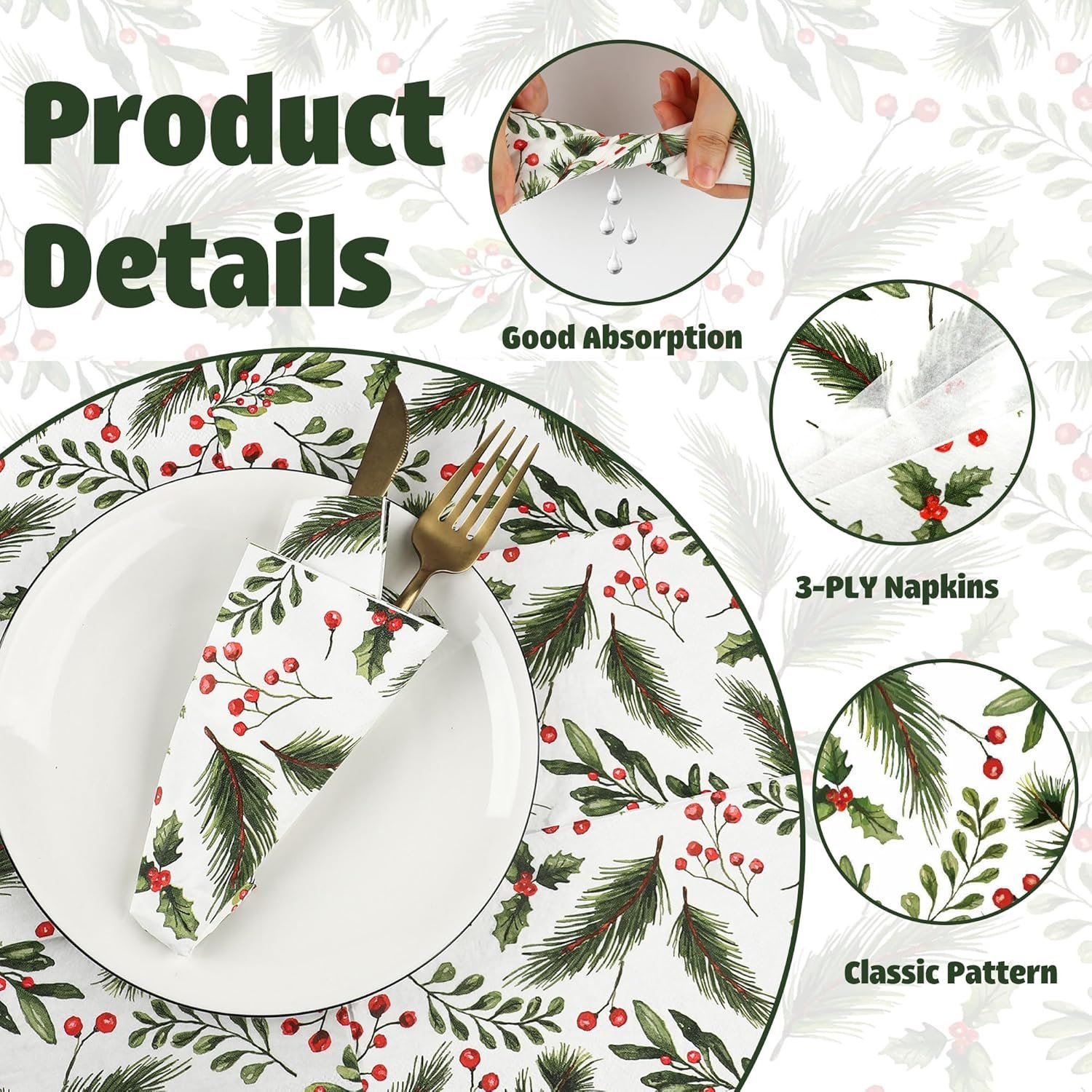 100 PCS Christmas Guest Napkins Berries Pine Paper Napkins 3-Ply Disposable Holly Berries Napkins Xmas Party Greenery Dinner Hand Towels for Winter Holiday Home Kitchen Bathroom Wedding Party Supplies - Image 4