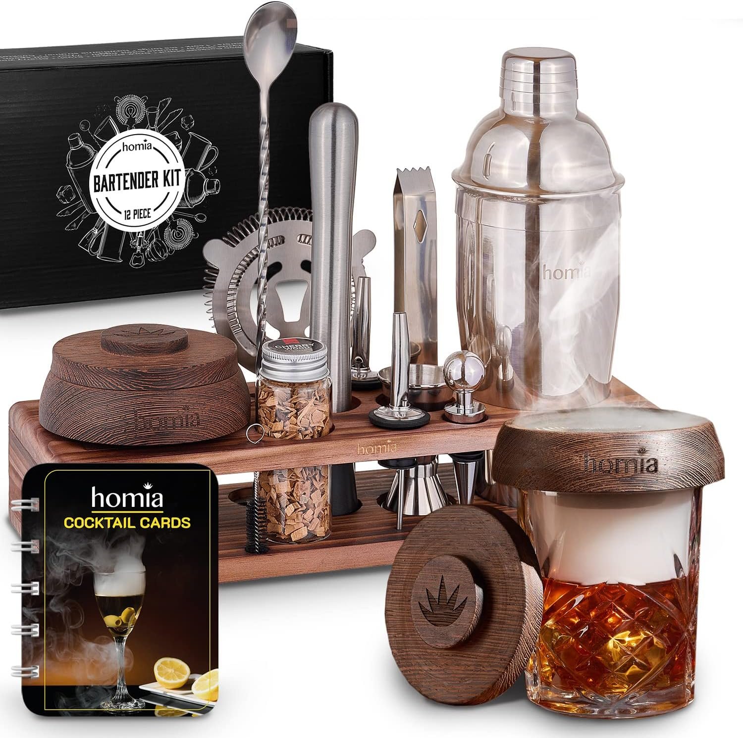 Bartender Kit with Whiskey Smoker - 13 pcs, Pine Stand - Bar Set with Cocktail Shaker, Bartending Kit with Essential Bar Accessory Tools, Wood Chips, Steel - Image 2