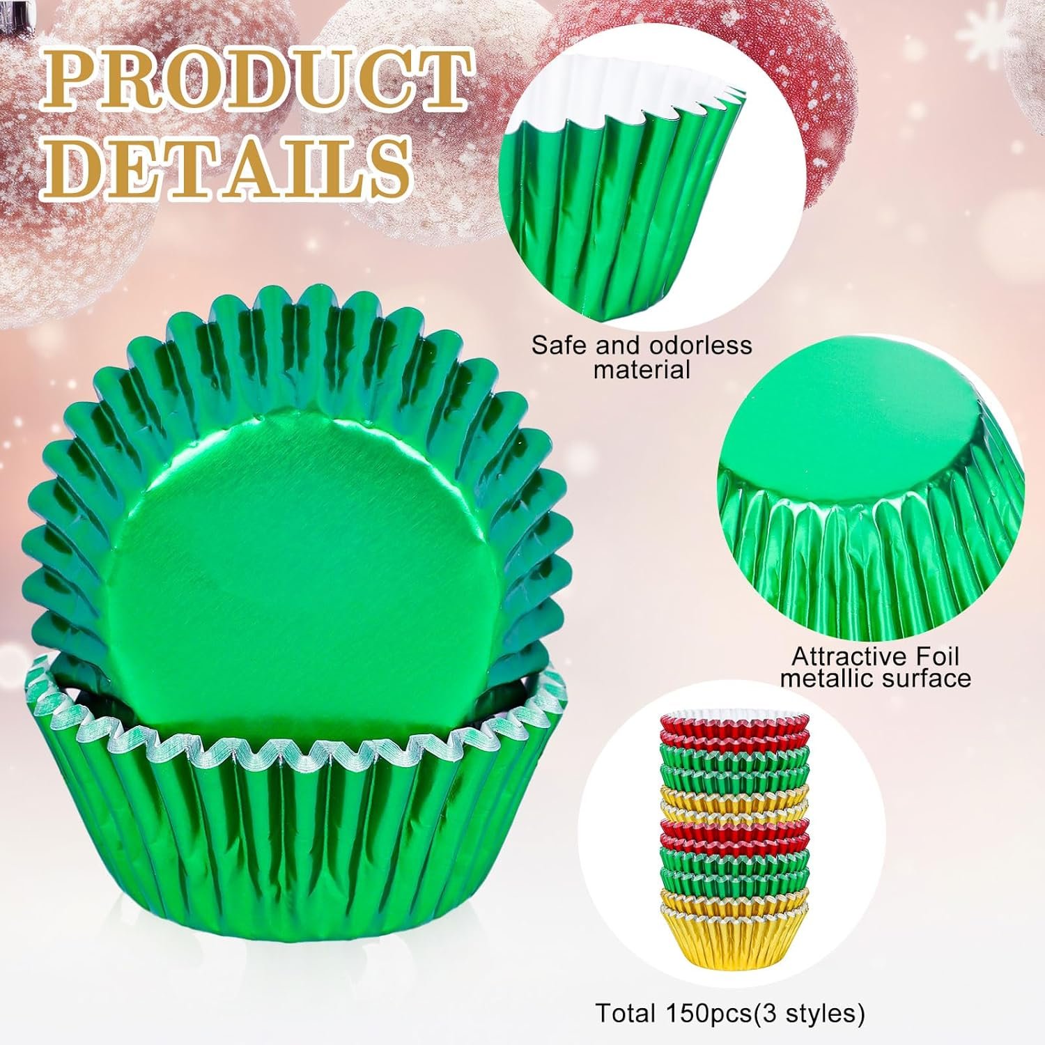 Whaline 150Pcs Christmas Foil Cupcake Liners Red Green Gold Foil Metallic Cupcake Wrappers Muffin Liners for Christmas Holiday Party Supplies Table Decor - Image 4