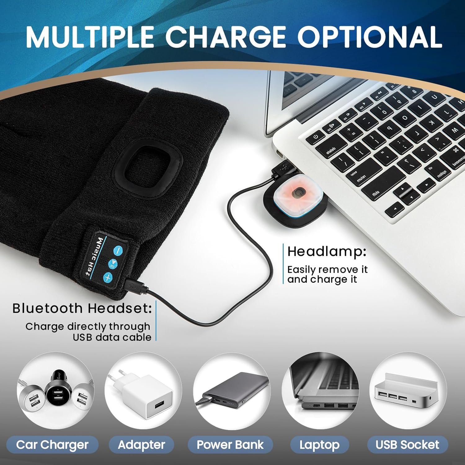 VIBELITE Bluetooth Beanie Hat with Light, USB Rechargeable LED Headlamp with Wireless Headphones, Gifts for Christmas, Stocking Stuffers for Adult Men Him Husband Boyfriend Dad Father, Black - Image 5