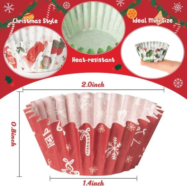 COcnny 600pcs Christmas Mini Cupcake Paper Liners, Merry Christmas Baking Cups Muffin Case Cupcakes Wrappers, Xmas Tree Santa Claus Snowman Cake Wrap Making Supplies for Xmas Eve Party (10 Styles) - Image 4