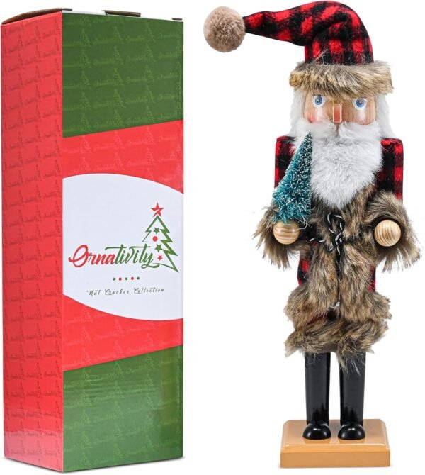 Ornativity Christmas Nostalgic Santa Nutcracker – Red and Black Wooden Nut Cracker Santa Clause Man with Buffalo Brown Fur Plaid Coat Holding a Xmas Tree Themed Holiday Doll Figure Decorations 15" - Image 8