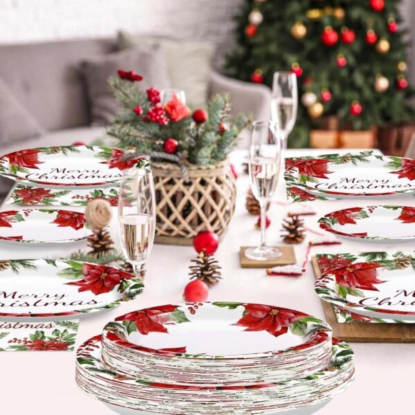 96Pcs Christmas Paper Plates and Napkins Set Poinsettia Flower Christmas Plates Disposable 350GSM Merry Christmas Party Tableware Set for Christmas Wedding Party Holiday Xmas Decorations, Serves 24 - Image 7