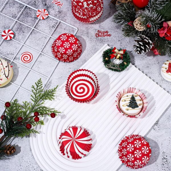 Whaline 600Pcs Christmas Candy Cupcake Liners Peppermint Baking Cups Holders Candy Cane Cupcake Wrappers Red White Candy Muffin Liners for Xmas Holiday Birthday Party Candy Make Baking Supplies - Image 5