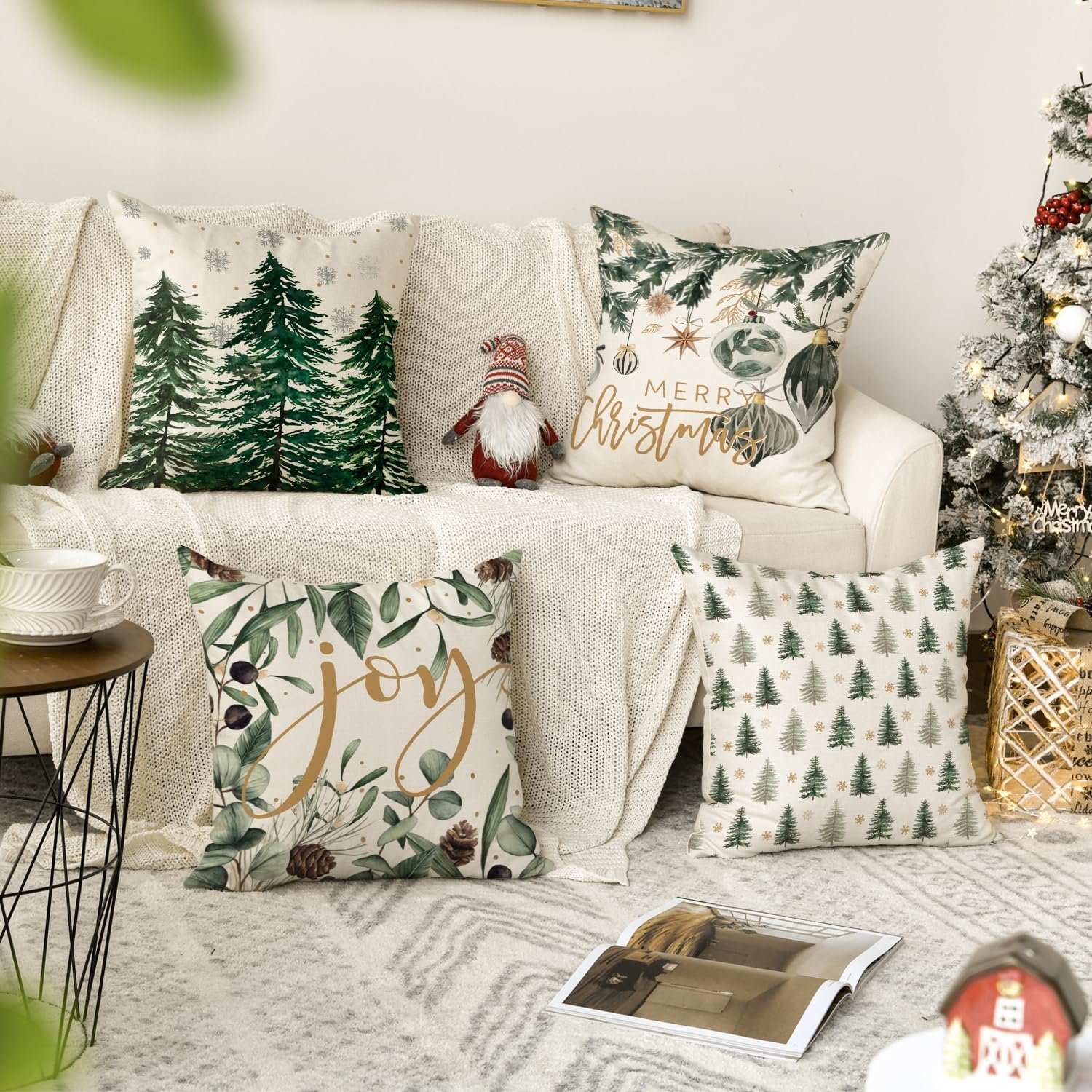 AVOIN colorlife Merry Christmas Trees Snowflake Throw Pillow Covers, 18 x 18 Inch Joy Xmas Balls Winter Holiday Cushion Case Decoration for Sofa Couch Set of 4 - Image 3