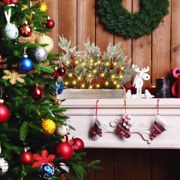 Christmas Centerpiece Winter Arrangement Artificial Snowy Christmas Picks Assorted Branches Holly Red Berry Pine Cone Picks in Rectangle Wooden Box for Farmhouse Rustic Table Decoration - Image 6
