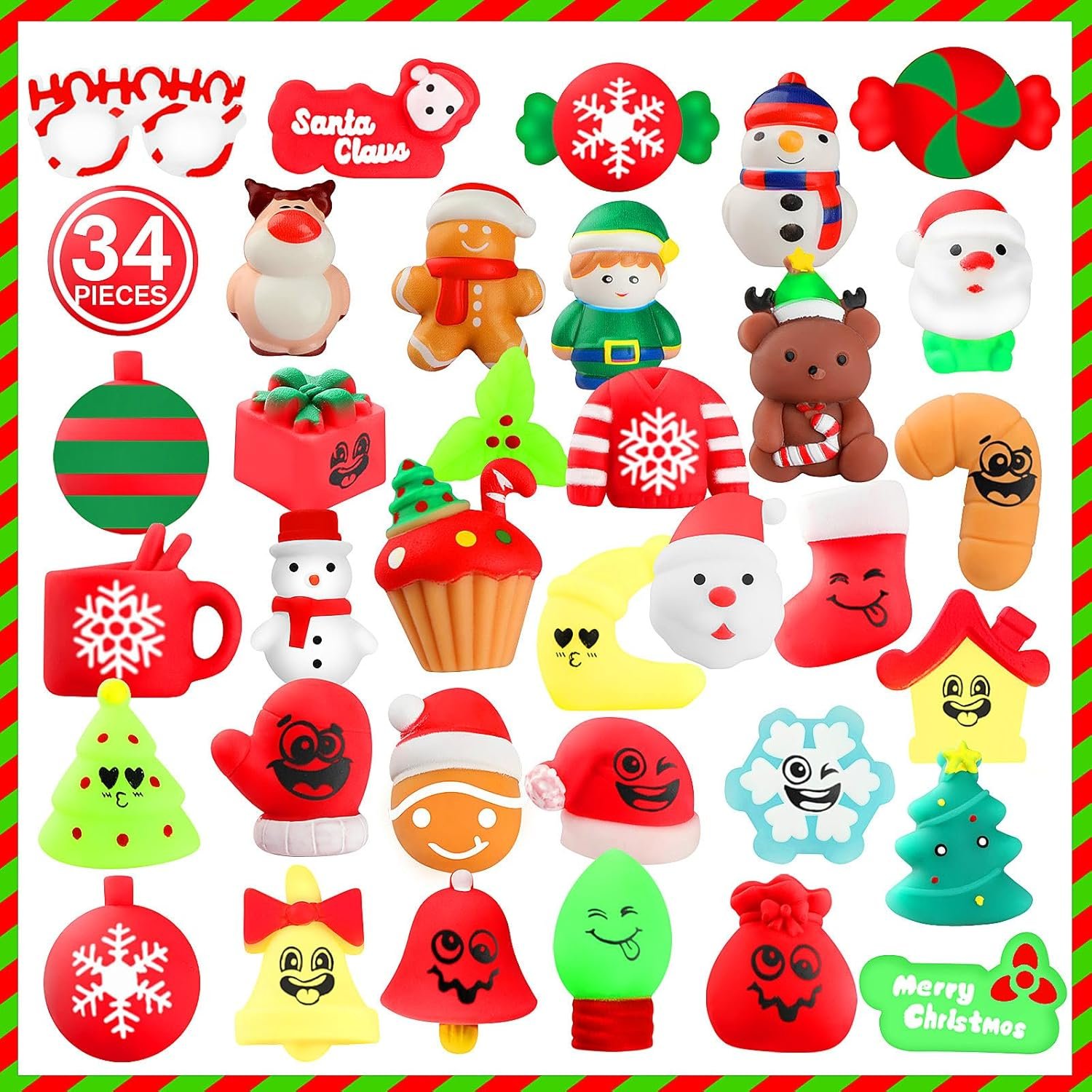 Christmas Squishy Toys, 34 PCS Squishies Christmas Party Favors for Kids Boys Girls, Mochi Kawaii Squishy Stress Reliever Anxiety Toys, Classroom Prize Bulk Gifts for Christmas Treat Goody Bags - Image 5