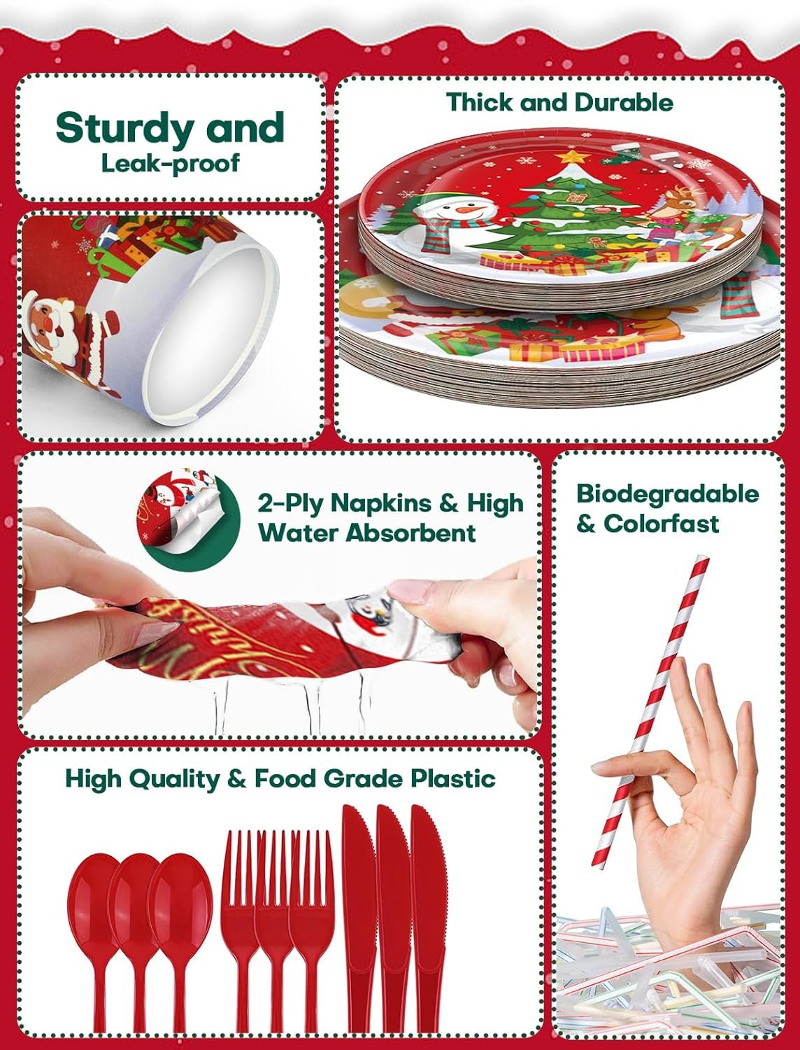 196 Pcs Christmas Party Decorations Supplies Christmas Dinnerware Sets for 24 Guests - Party Disposable Tableware Set - Plates, Napkins,Cups,Cutlery,Forks and Tablecloth for Xmas Party Decorations - Image 5