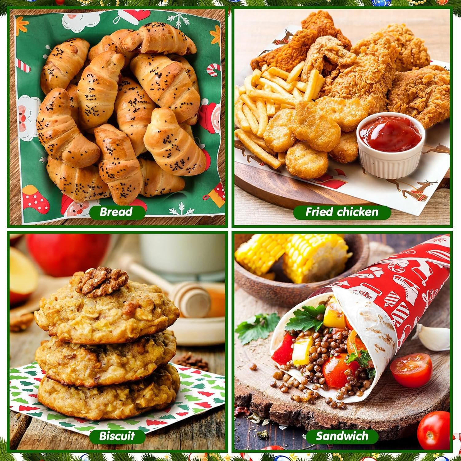 Spakon 400 Sheet Christmas Wax Paper for Food Wrapping 12 x 12 Inch 4 Styles Xmas Deli Paper Xmas Burgers Sandwich Wrap Print Deli Paper Basket Liners for Home Baking Gift Holiday Party Supplies - Image 7