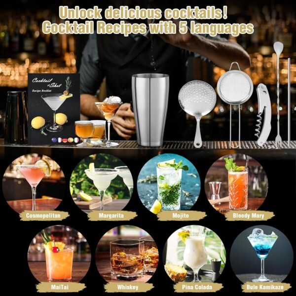 Boston Cocktail Shaker Set, 18PCS Bartender Kit Bar Tools Set with Stand & Recipe, Bar Mats for Bartending, Professional Barware Mixing Tools Cocktail Kit, for Drink Mixing Bar Party, Sliver - Image 7