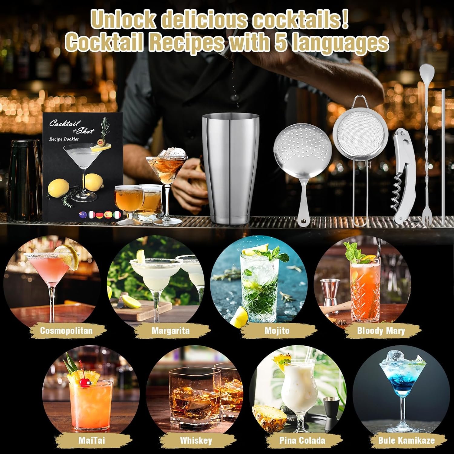 Boston Cocktail Shaker Set, 18PCS Bartender Kit Bar Tools Set with Stand & Recipe, Bar Mats for Bartending, Professional Barware Mixing Tools Cocktail Kit, for Drink Mixing Bar Party, Sliver - Image 7