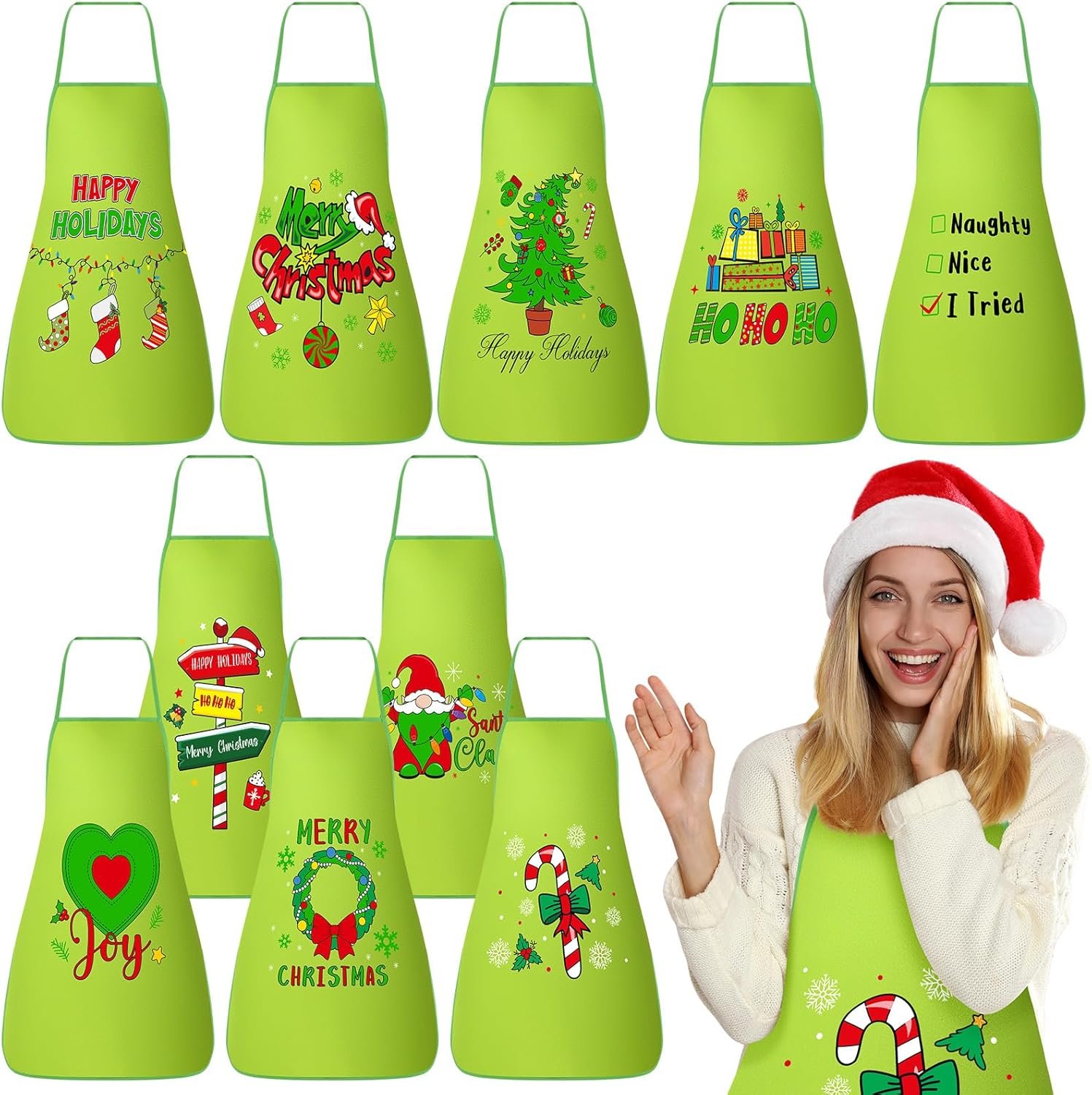 10 Pcs Christmas Elf Apron for Women Adjustable Santa Baking Kitchen Cute Cooking Aprons for Adult Festive Xmas Holiday Elf Apron Gifts for Holiday Party Dress Supplies, 19.7 x 27.6 Inch - Image 2
