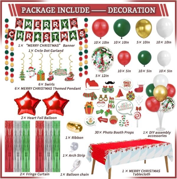 331 Pcs Christmas Decorations Indoor, Christmas Party Decor Supplies - "MERRY CHRISTMAS" Banner, Fringe Curtain, Swirls, Balloon, Photo Porps, Tableware with Christmas for 25 Guests - Image 3