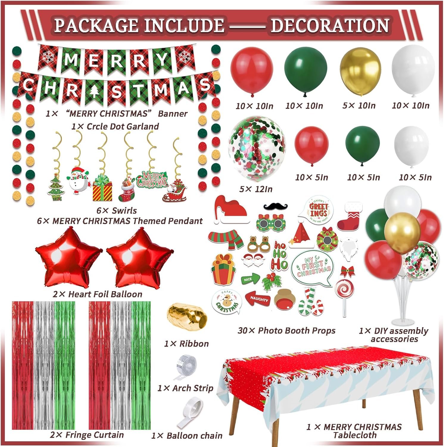 331 Pcs Christmas Decorations Indoor, Christmas Party Decor Supplies - "MERRY CHRISTMAS" Banner, Fringe Curtain, Swirls, Balloon, Photo Porps, Tableware with Christmas for 25 Guests - Image 3