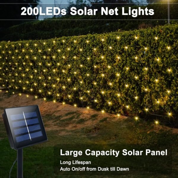 Solar Net Mesh String Lights Outdoor Waterproof 9.8ft x 6.6ft 200 LEDs Tree-wrap Lights,Dark Green Cable,8 Modes Outdoor Mesh Lights for Party Christmas Wedding Garden Home Patio Lawn - Warm White - Image 10