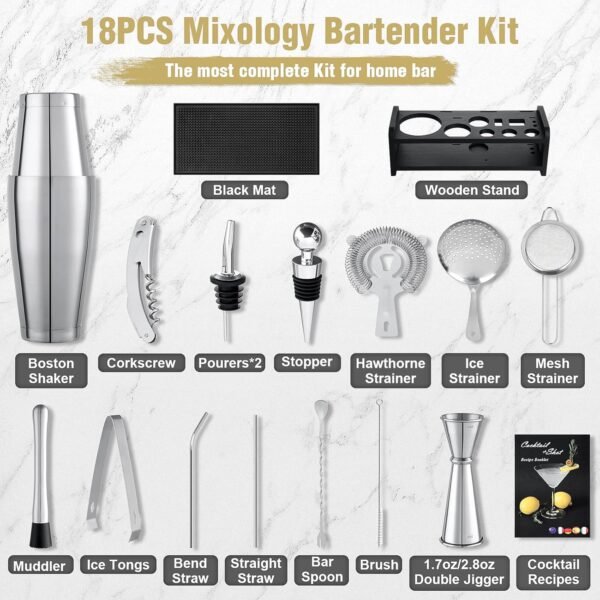 Boston Cocktail Shaker Set, 18PCS Bartender Kit Bar Tools Set with Stand & Recipe, Bar Mats for Bartending, Professional Barware Mixing Tools Cocktail Kit, for Drink Mixing Bar Party, Sliver - Image 3